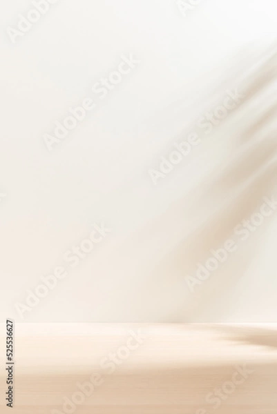 Fototapeta Vertical blank warm lighting background. White and Wooden surface. Light and Shadow wallpaper. Space for text. Backdrop. Studio photography.