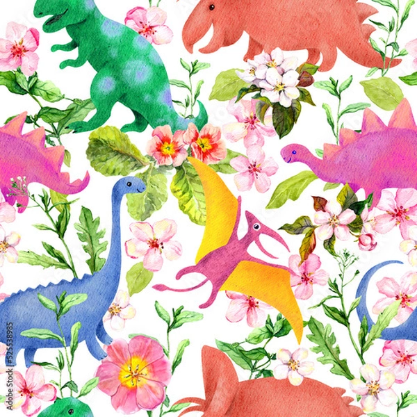 Fototapeta Dinosaurs in flowers and grass. Childish seamless pattern. Cute character dino in summer plants. Watercolor repeating kids design with prehistoric animals