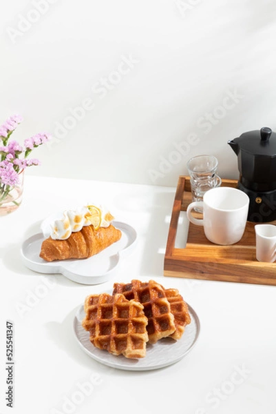 Obraz Lemon croissants and waffles menu in cafe. Bakery menu. Coffee shop. Isolated on white background. Fresh bakery. Homemade croissant. dessert. Delicious food.