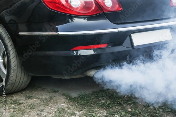 Fototapeta smoke from the exhaust pipe of a car. harm to the environment from internal combustion engines. the engine consumes oil. increased oil consumption in the engine