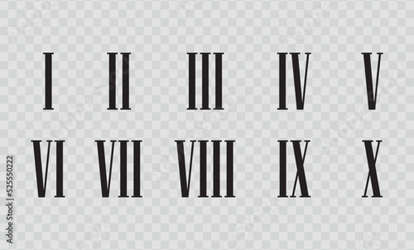 Fototapeta Set of roman numerals isolated on white background. Numbers from one to twelve. Vector illustration.