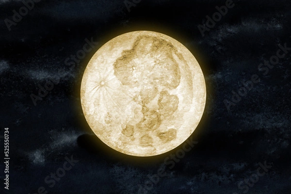 Fototapeta Gold Moon Planet of the Solar System watercolor isolated illustration on white background. Outer Space planet hand drawn. Our galaxy astronomy education material.