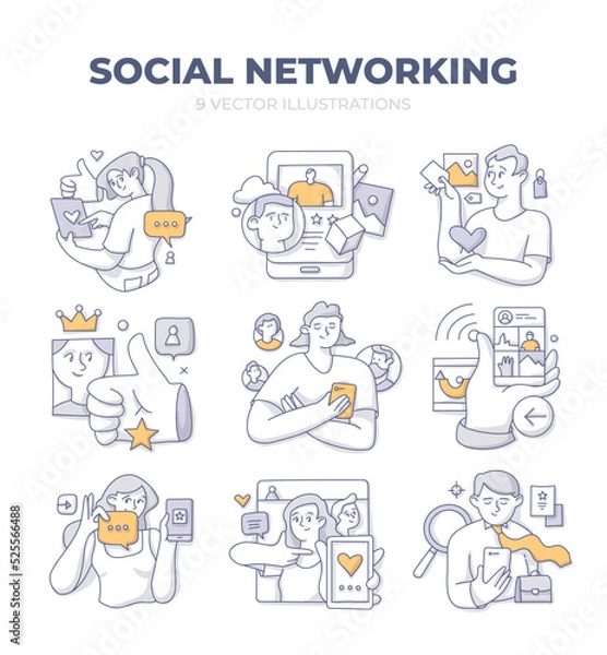 Fototapeta Social networking. People use dedicated online platform to connect with friends, find job or sell products and services . Doodle vector illustrations set with characters to visualize concepts