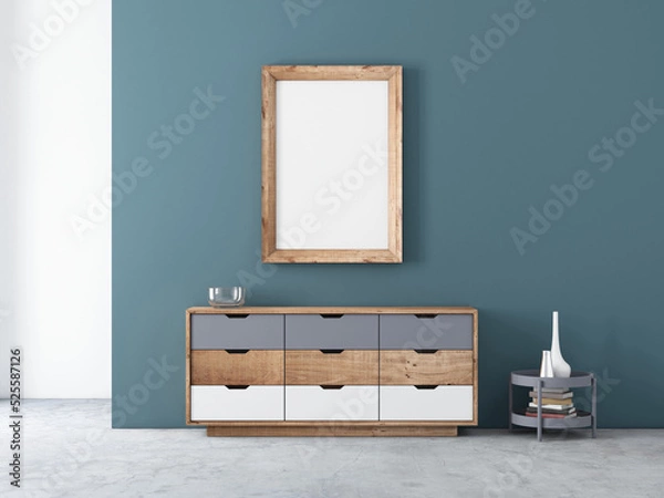 Fototapeta Verticall Wooden poster Frame Mockup hanging above moderrn bureau on blue wall, 3d rendering