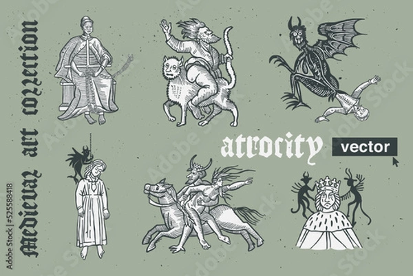 Obraz Atrocity vector engraving style illustration. Medieval art with blackletter calligraphy.