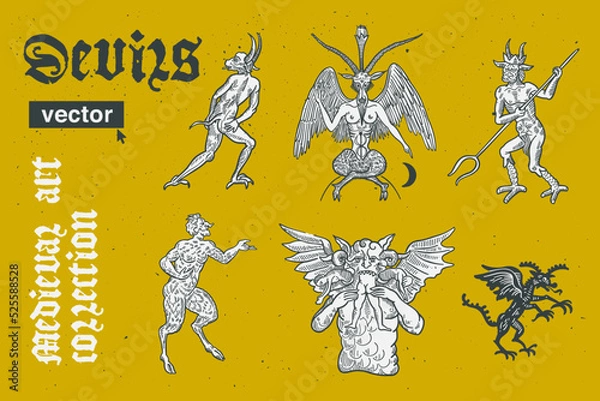 Obraz Devils collection vector engraving style illustration. Medieval art with blackletter calligraphy.