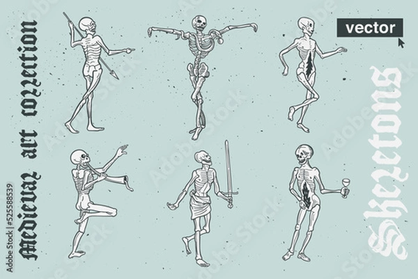 Obraz Skeletons collection vector engraving style illustration. Medieval art with blackletter calligraphy.