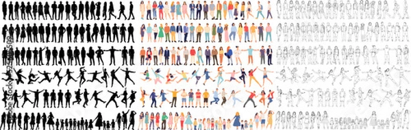 Obraz Zestaw ludzi w płaskim stylu, szkicu, izolowanej sylwetce, wektor