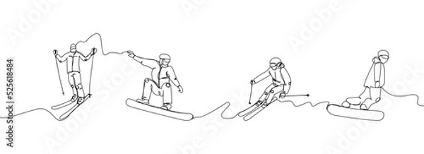 Obraz Human riding a snowboard and skiing one line art. Continuous line drawing sport, winter sports, tricks, snowboarding, competition, extreme, skis, ski poles, slide down the mountain, man, woman, hobby.