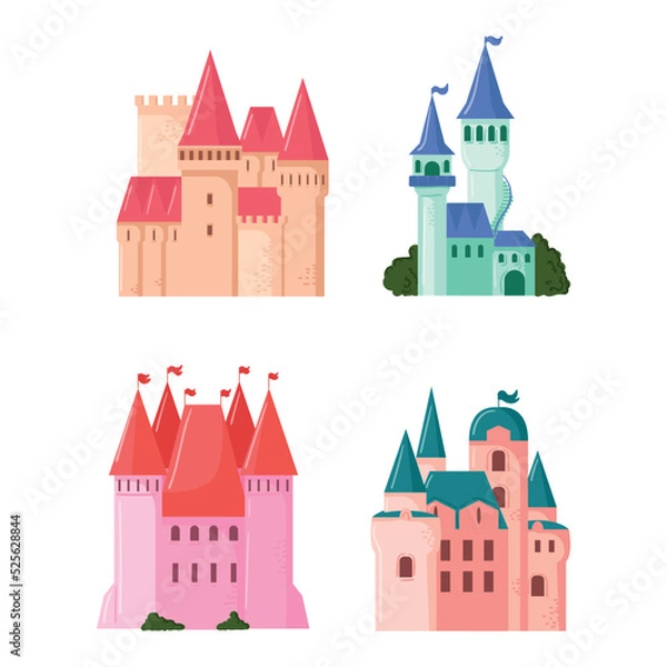 Obraz A set of fairy castles for princesses in the flat style.