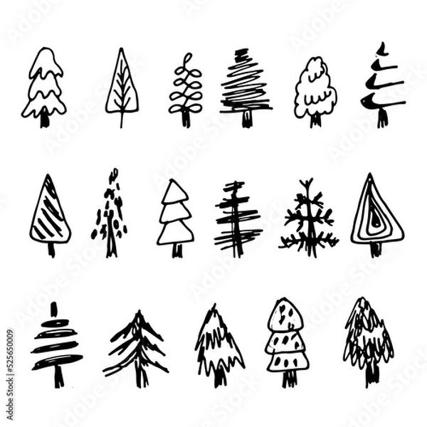Fototapeta Vector hand drawn christmas trees icon set