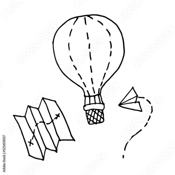 Fototapeta Vector hand drawn travel icon set: map, air balloon, plane