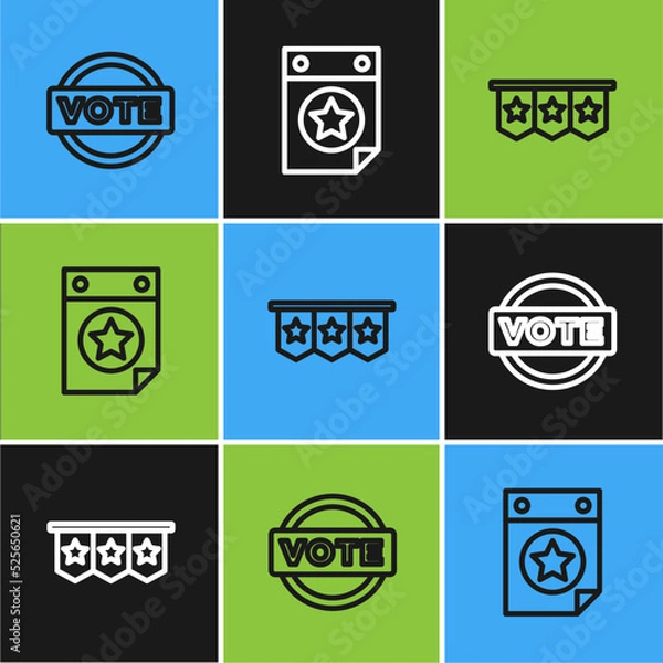 Fototapeta Set line Vote, Carnival garland with flags and Calendar date July 4 icon. Vector