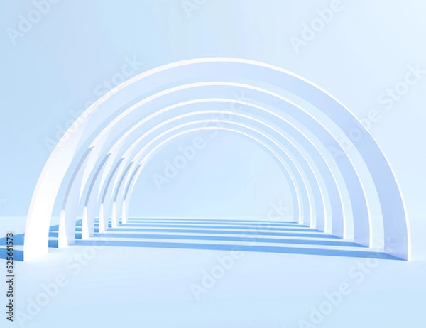 Fototapeta Abstract 3D white corridor on light blue background. Modern tunnel with shadow wallpaper. 3D Rendering. Minimal and clean futuristic concept.