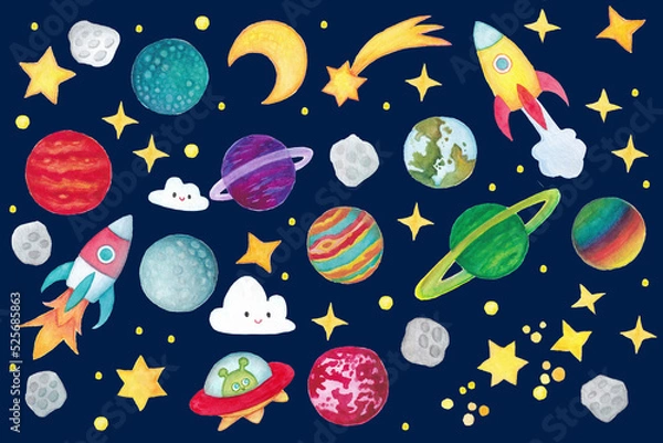 Fototapeta Collection of space cosmos planet, alien, star, spaceship, moon, isolated.