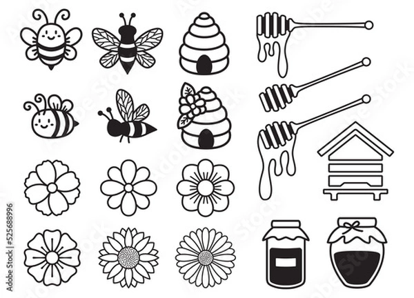 Fototapeta Bee bundle. Bumble bee set. Beehive, Honey jar, Queen bee. Honey dipper. Cute cartoon bugs