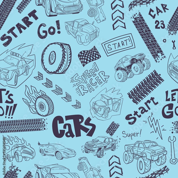 Fototapeta Abstract seamless cars pattern for boy on background. Childish style wheel auto repeated backdrop. Red and blue sportcar