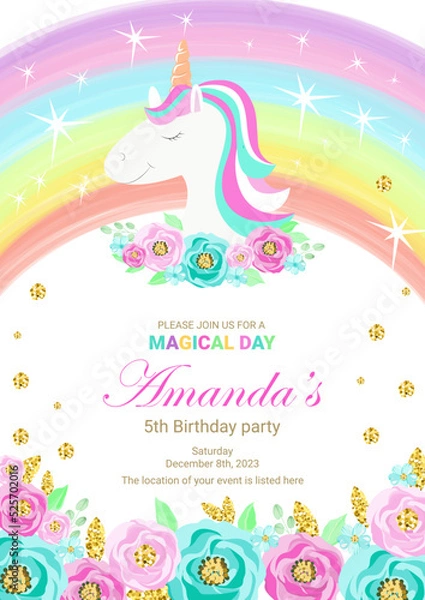 Obraz Birthday party invitation with beautiful unicorn surrounded with glitter and flowers. Template vector illustration on pink background. Release clipping mask for full size objects.