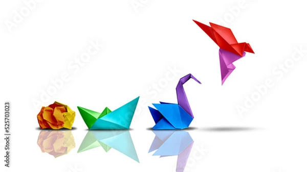 Fototapeta Success transformation and Transform to succeed or improving concept and leadership in business through innovation and evolution with paper origami changed for the better. 