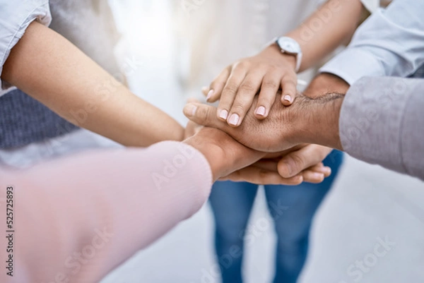 Fototapeta Diversity, teamwork hands or community goal for success vision, innovation or motivation with business people, men or women. Zoom closeup of global collaboration workers group in support trust circle