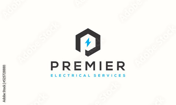 Fototapeta vector graphic logo design, hexagon shape with negative space initial letter P with electric bolt icon