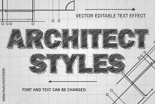 Fototapeta architect drawing blueprint editable text effect font engineering architectural styles template