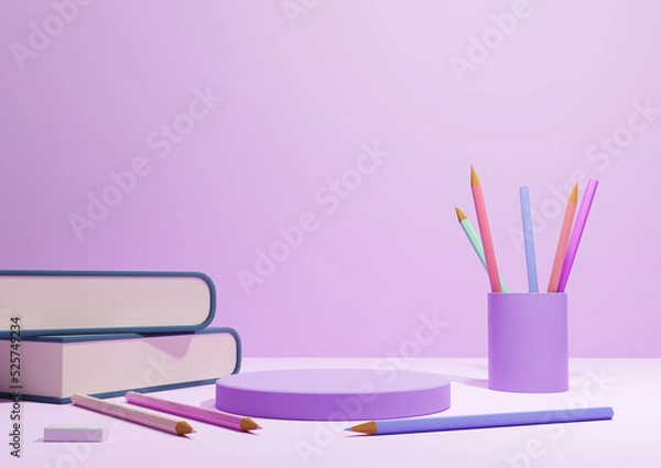 Fototapeta Light, pastel, lavender purple 3D illustration back to school product display podium or stand, horizontal image from the side with pencils and books on table for product photography background