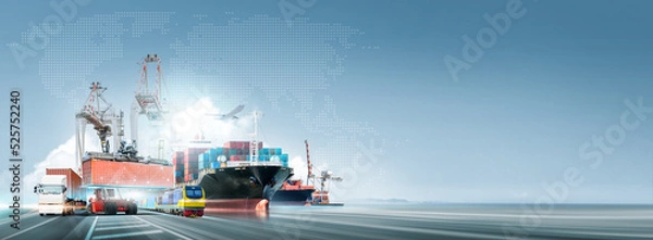 Fototapeta Technology Digital Future of Cargo Container Logistic Transport Import Export Concept, Freight Ship, Train, Plane, Truck on Highway at Blue Sky, Copy Space, Modern Futuristic Transportation Background