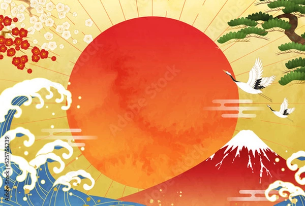 Obraz 水彩の初日の出と波しぶきのベクターイラスト背景