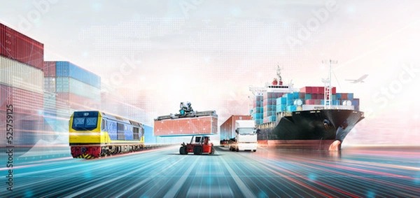 Fototapeta Global Business Network Distribution and Technology Digital Future of Cargo Containers Logistics Transport Import Export Concept, Double Exposure of Freight Shipping, Modern Futuristic Transportation
