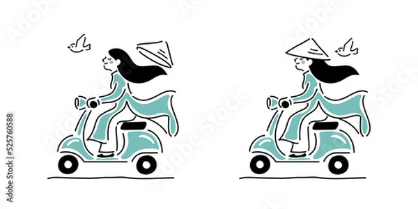 Fototapeta Vietnamese girl in Ao dai, scooter, flat vector illustration