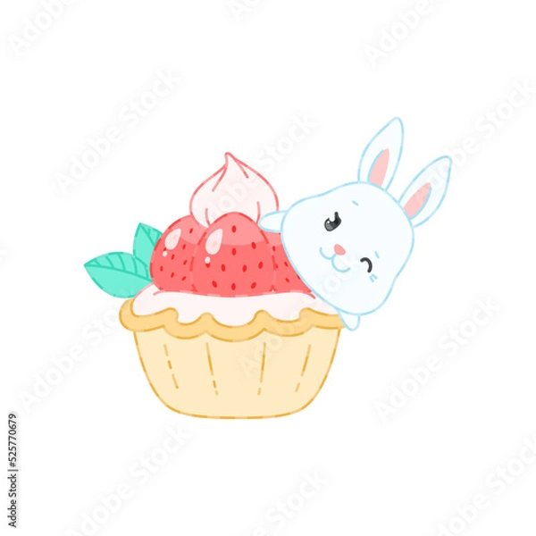 Fototapeta Cute bunny and a strawberry dessert. Flat cartoon illustration of a little white rabbit with a creamy cupcake. Vector 10 EPS.