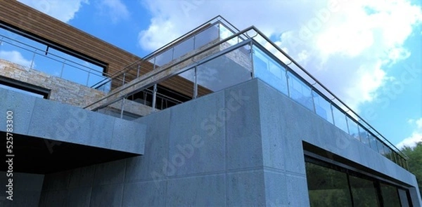 Fototapeta Finishing the exterior of a country exclusive house with concrete. A multi-level glass-paneled fence adds a touch of sophistication to the building. 3d render.