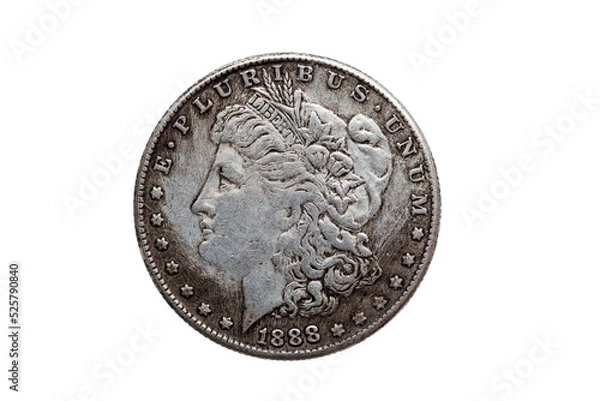 Obraz USA One Dollar Morgan Silver Coin replica dated 1880 with a portrait image of Liberty on the obverse, png stock photo file cut out and isolated on a transparent background