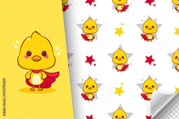 Fototapeta Cute hero duck cartoon character seamless pattern illustration