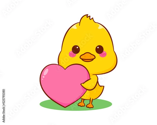Fototapeta Cute little duck with big love heart cartoon character isolated white background. Vector art illustration