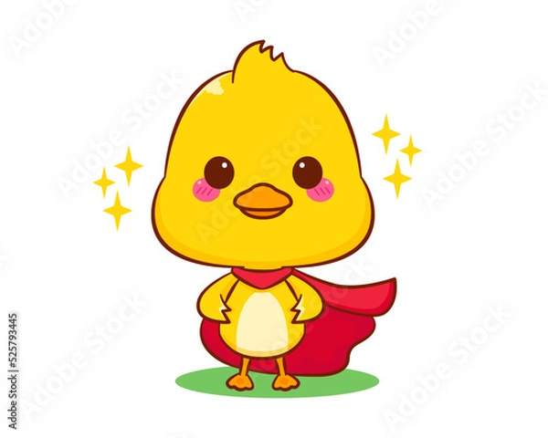 Fototapeta Cute little duck superhero in red costume cartoon character isolated white background. Vector art illustration
