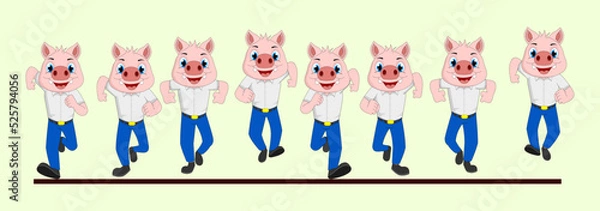 Fototapeta Cute Pink Pig Frame by Frame Front Run in School Uniform Cycle Vector Illustration. Design for Motion graphics, 2D Animation, Infographics