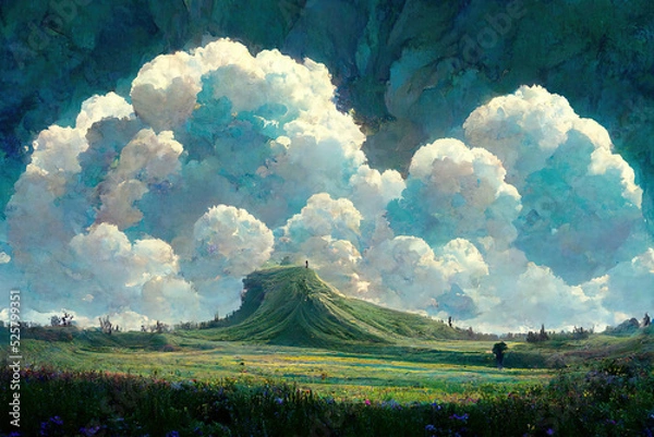 Obraz Mountain, Grass, Valley and Plain. Fantasy Backdrop. Concept Art. Realistic Illustration. Video Game Background. Digital Painting. CG Artwork. Scenery Artwork. Serious Painting. Book Illustration.
