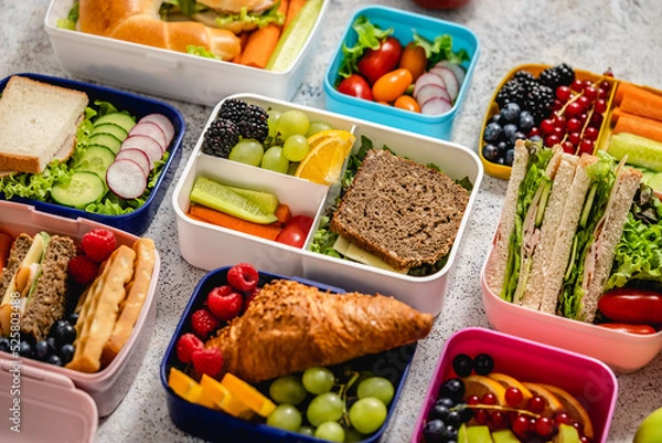 Fototapeta Various of Healthy lunch boxes. Pack for school set in plastic package