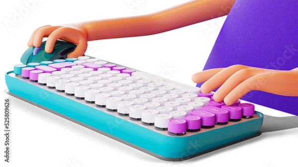 Fototapeta Cartoon character is working at a computer, PNG file. Hands on  keyboard and mouse, 3d render. Cartoon hands typing on the keyboard and holding a pc mouse, close up. 3D Render