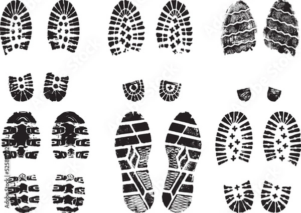 Obraz Set of scanned and converted into vector images double grunge footprints stamped with black ink