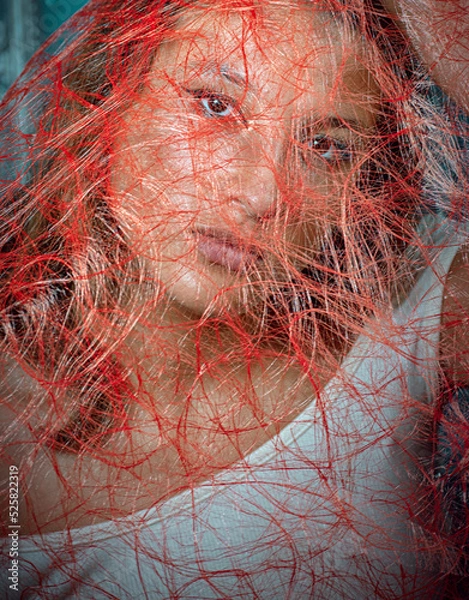 Obraz Beautiful girl behind of transparent veil