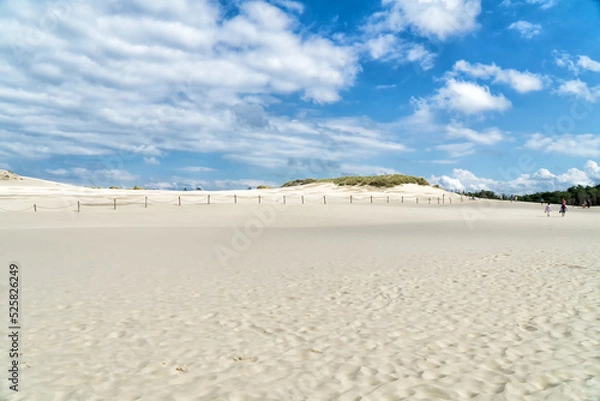 Fototapeta Lacka dune in Slowinski National Park in Poland. Traveling dune in sunny summer day. Sandy beach and blue sky with white clouds.