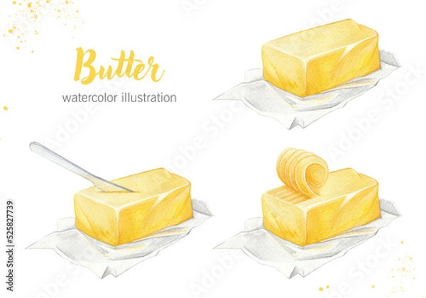 Fototapeta A set of butter. Watercolor hand-drawn illustration highlighted on a white background. Ideal for illustrations in books and magazines, culinary blog, textiles