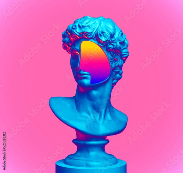 Fototapeta Abstract colourful illustration of classical blue marble male bust from 3D rendering with LGBT rainbow flag colors half face and isolated on pink background in vaporwave style.