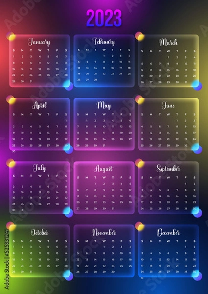 Fototapeta 2023 Calendar Template. Calendar for 2023 year. Glass effect calendar for 2023