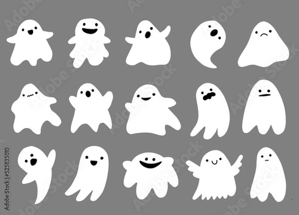 Obraz Set of cute ghosts in flat cute cartoon doodle style. Halloween ghost characters. Illustration isolated on background.