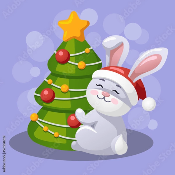 Obraz rabbit near the Christmas tree, symbol of the year
