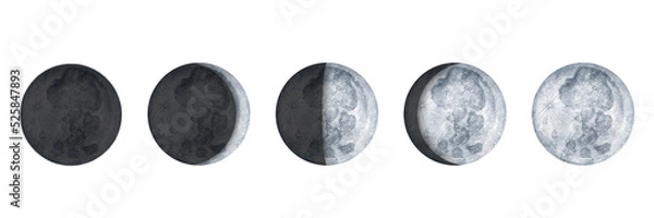 Fototapeta Moon phases on white background. Galaxy Hand drawn isolated watercolor illustration of cycle from new to full moon.